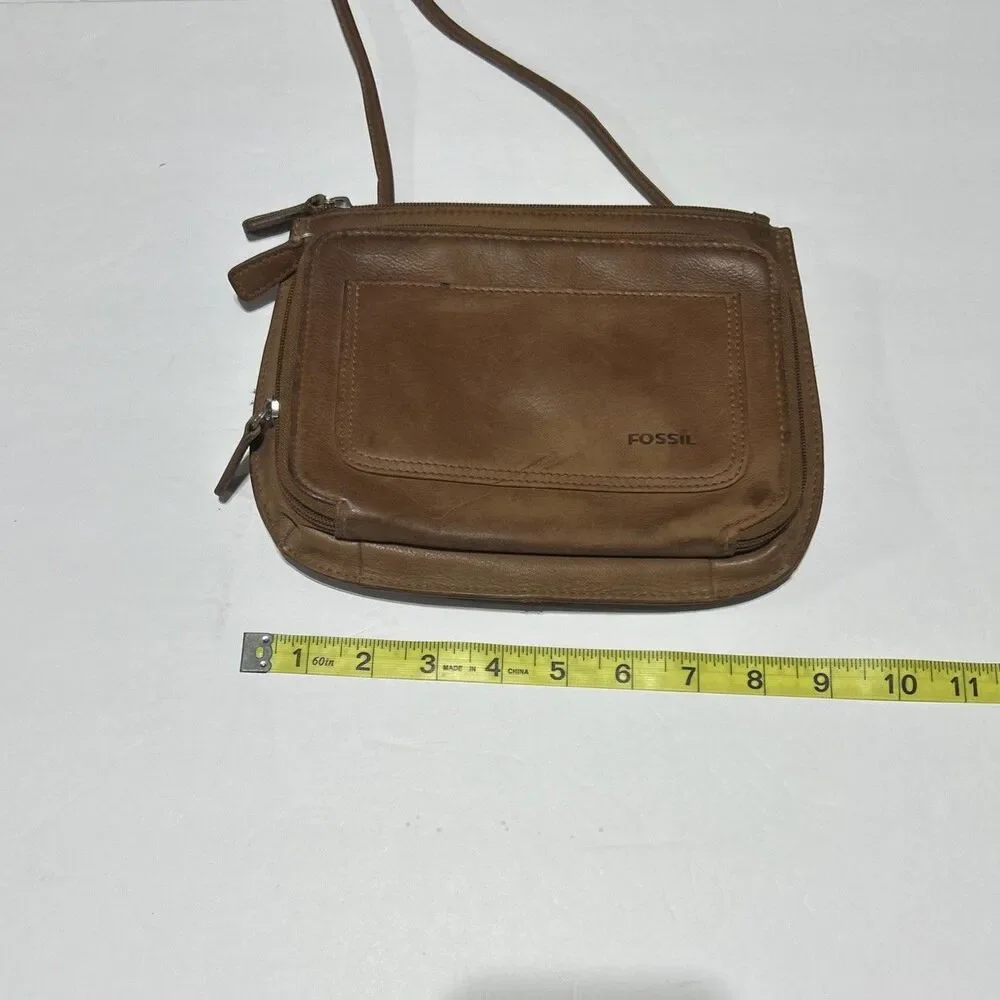 Fossil Small Leather Handbag Cognac Brown Crossbody Organizer Purse Double Zip